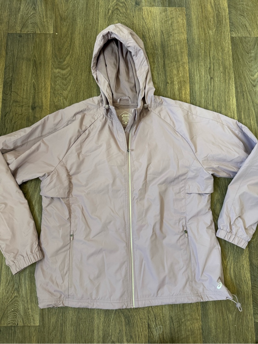 ASICS Women’s Light Mauve Hooded Windbreaker Jacket Running Full Zip Pockets XL